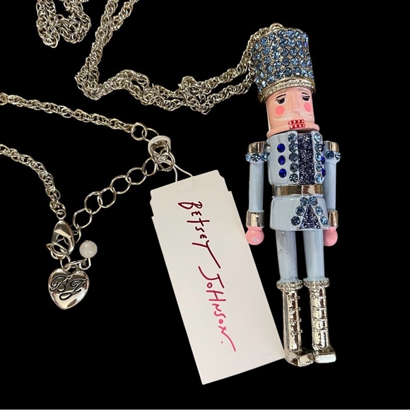 Betsey Johnson Articulated Nutcracker Necklace, Silver and Blue with Rhinestones - Picture 2 of 8